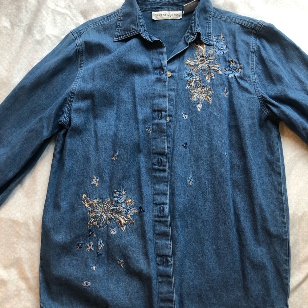 Denim Floral Embroidery Button Up size S